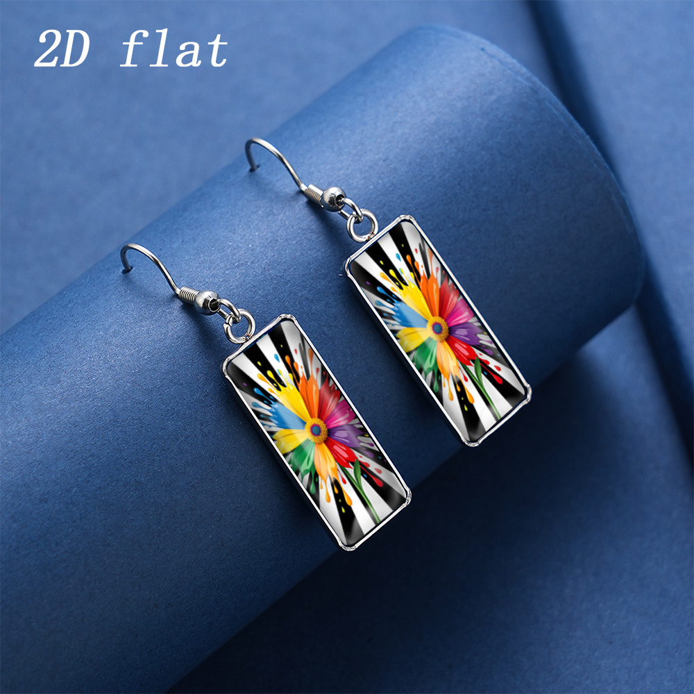 Rainbow Splatter Daisy Pattern Glass Earrings